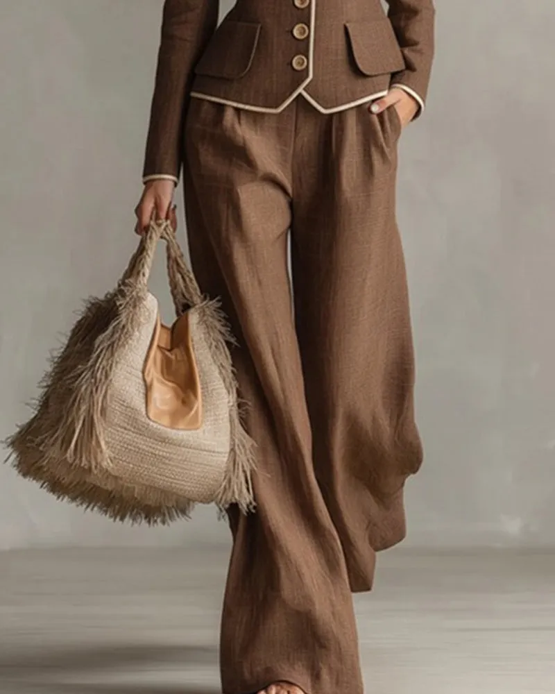 Contrast Piping Linen-Look Blazer and Wide-Leg Pants Set sold by zeagoo product image thumbnail 5