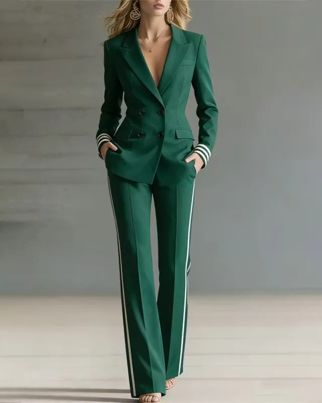 Striped Trim Double-Breasted Blazer and Flared Pants Set made by zeagoo