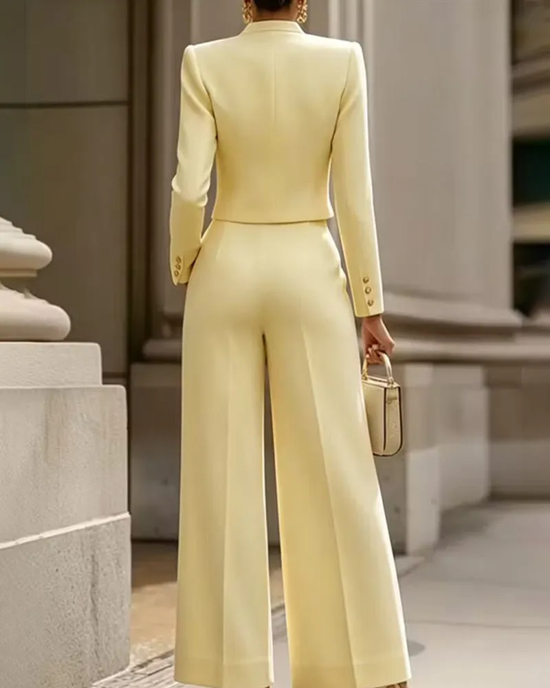 Notched Mandarin Collar Cropped Jacket and Wide-Leg Pants Set sold by zeagoo product image thumbnail 4