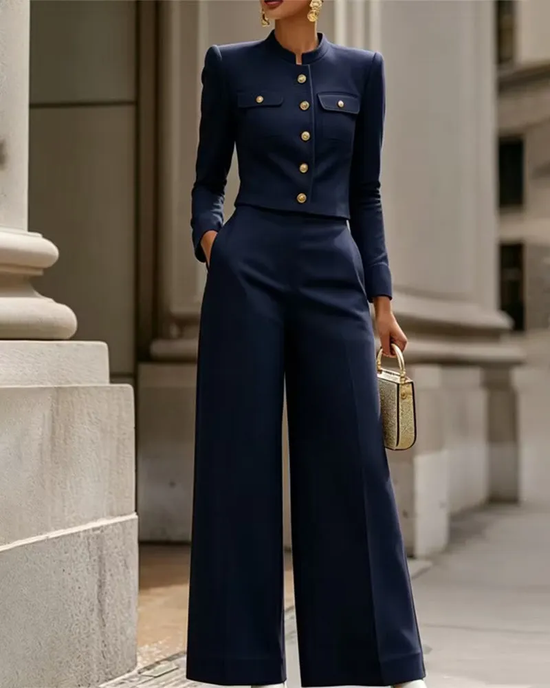 Notched Mandarin Collar Cropped Jacket and Wide-Leg Pants Set sold by zeagoo product image thumbnail 3