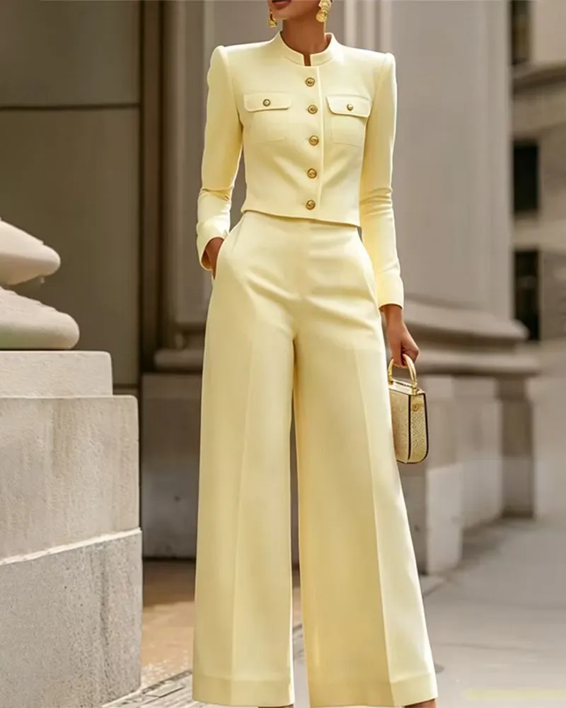 Notched Mandarin Collar Cropped Jacket and Wide-Leg Pants Set sold by zeagoo