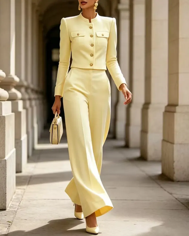 Notched Mandarin Collar Cropped Jacket and Wide-Leg Pants Set sold by zeagoo product image thumbnail 5