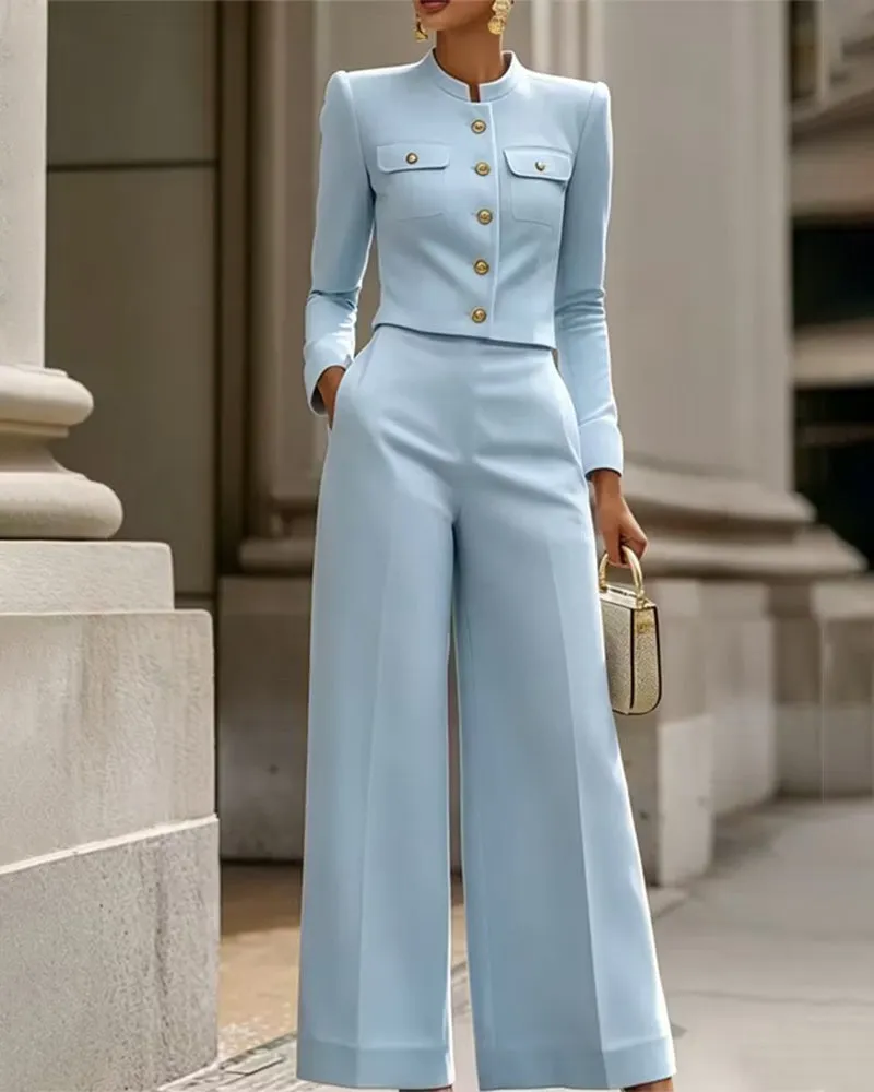 Notched Mandarin Collar Cropped Jacket and Wide-Leg Pants Set sold by zeagoo product image thumbnail 2