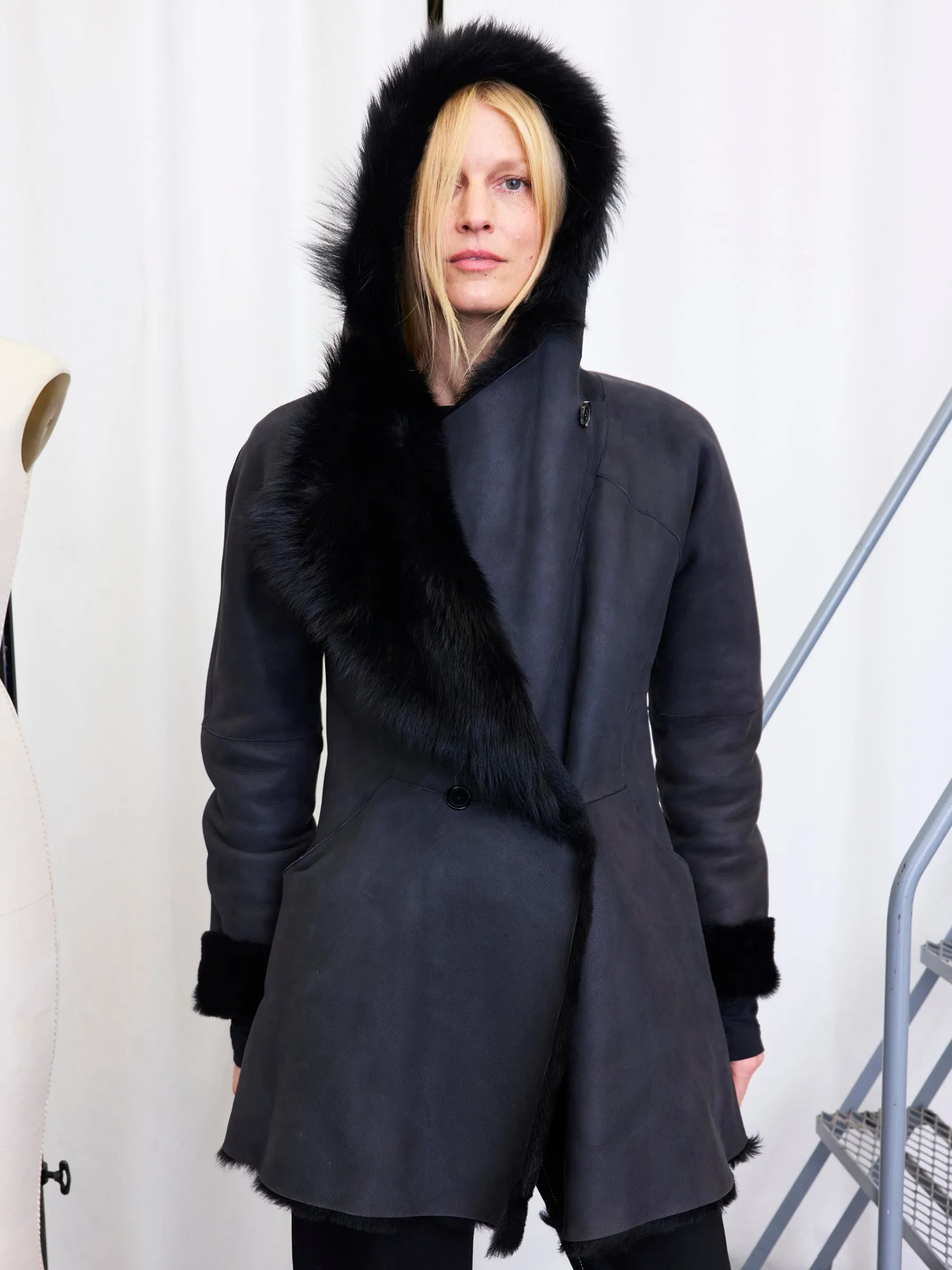 Shearling Hooded Dolman Coat Sample sold by Zero + Maria Cornejo