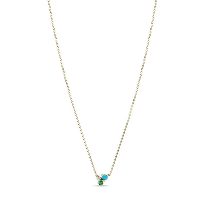 14k Mixed Prong Diamond, Emerald & Turquoise Trio Necklace - SALE sold by Zoe Chicco
