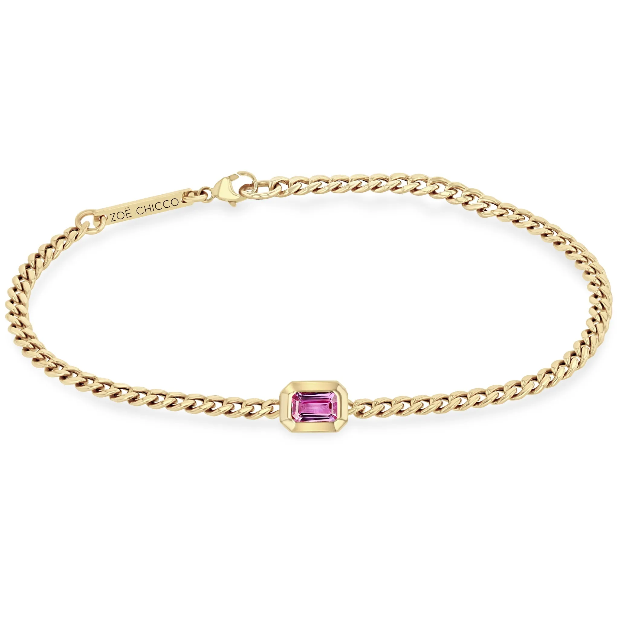 14k Emerald Cut Pink Saphhire Small Curb Chain Bracelet sold by Zoe Chicco