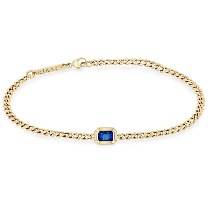 14k Emerald Cut Blue Saphhire Small Curb Chain Bracelet sold by Zoe Chicco