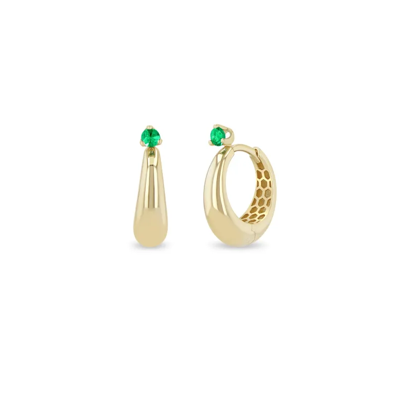 14k Prong Emerald Tapered Dome Hinge Hoops sold by Zoe Chicco