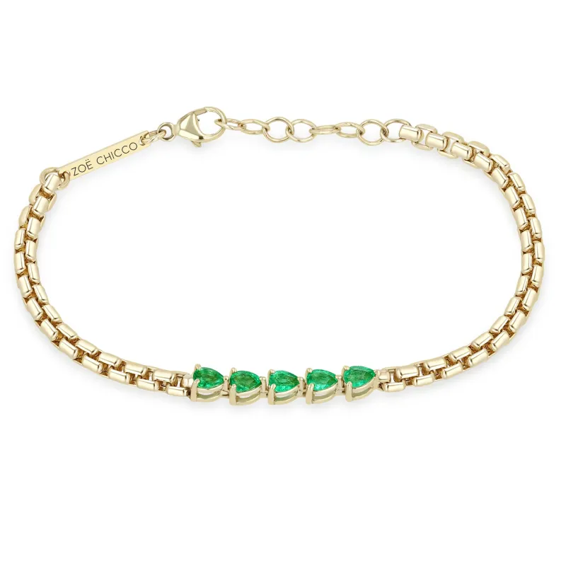 14k 5 Linked Pear Emerald Box Chain Bracelet sold by Zoe Chicco
