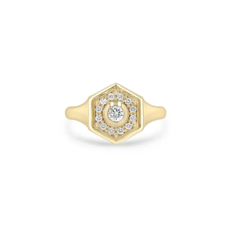 14k Diamond Hexagon Halo Signet Ring sold by Zoe Chicco