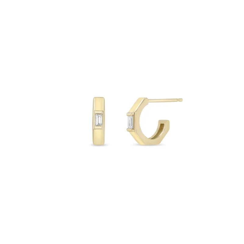 14k Gold Baguette Diamond Octagon Huggie Hoops sold by Zoe Chicco