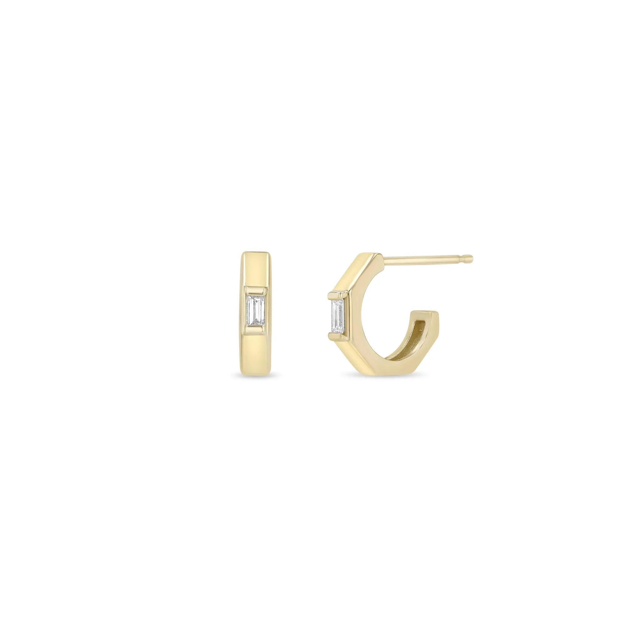 14k Gold Baguette Diamond Octagon Huggie Hoops sold by Zoe Chicco