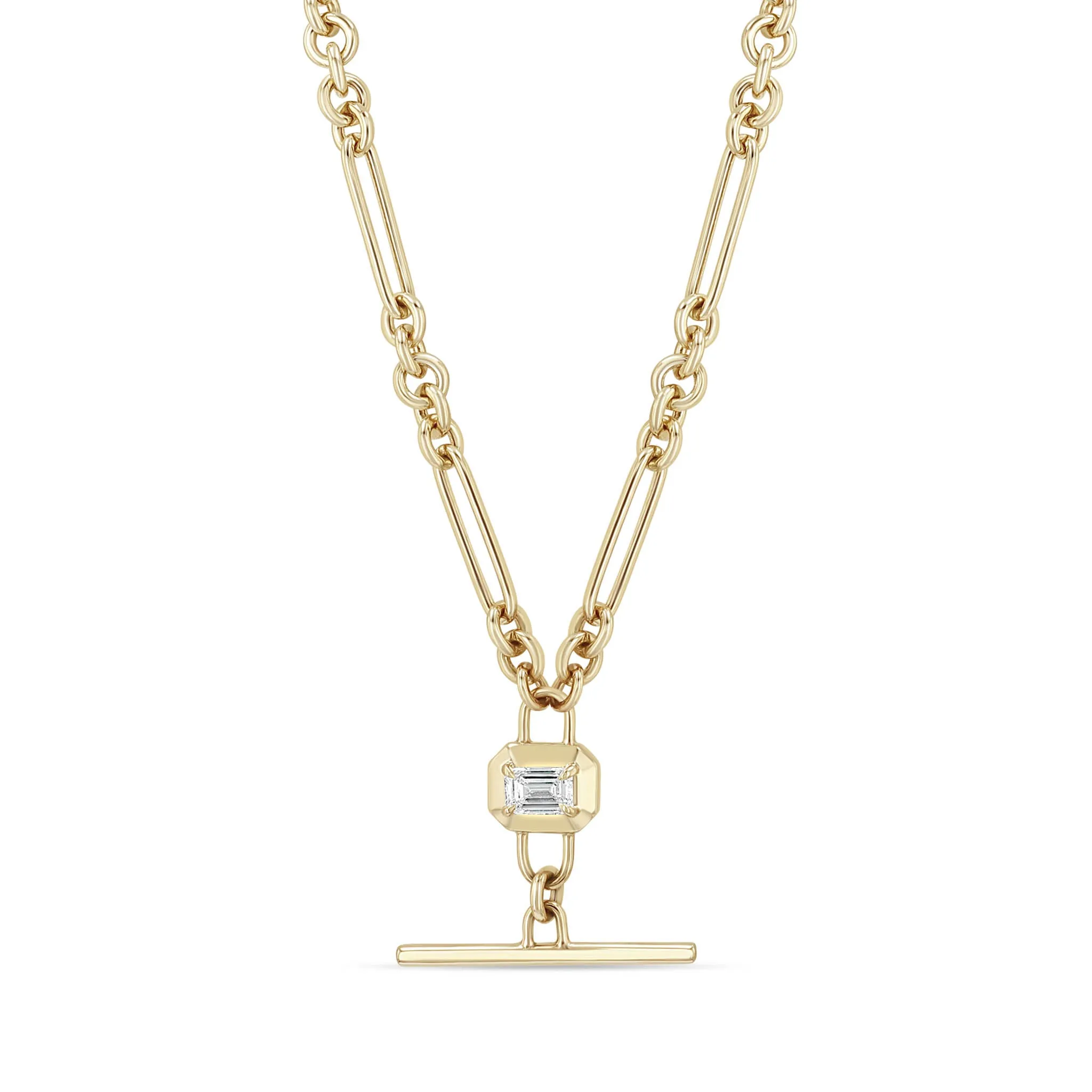 14k Emerald Cut Diamond Faux Toggle Large Paperclip & Rolo Chain Lariat Necklace sold by Zoe Chicco