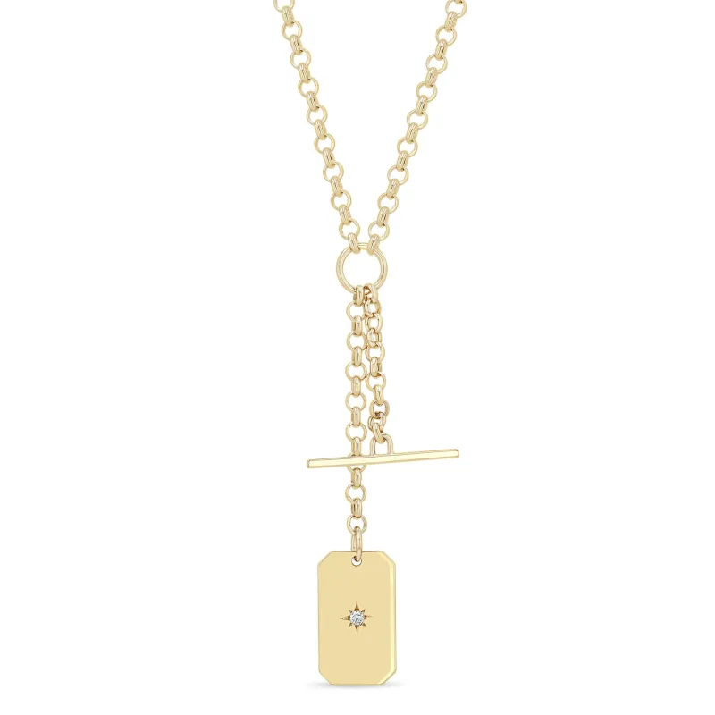 14k Star Set Diamond Square Edge Dog Tag & Toggle Medium Rolo Chain Lariat sold by Zoe Chicco