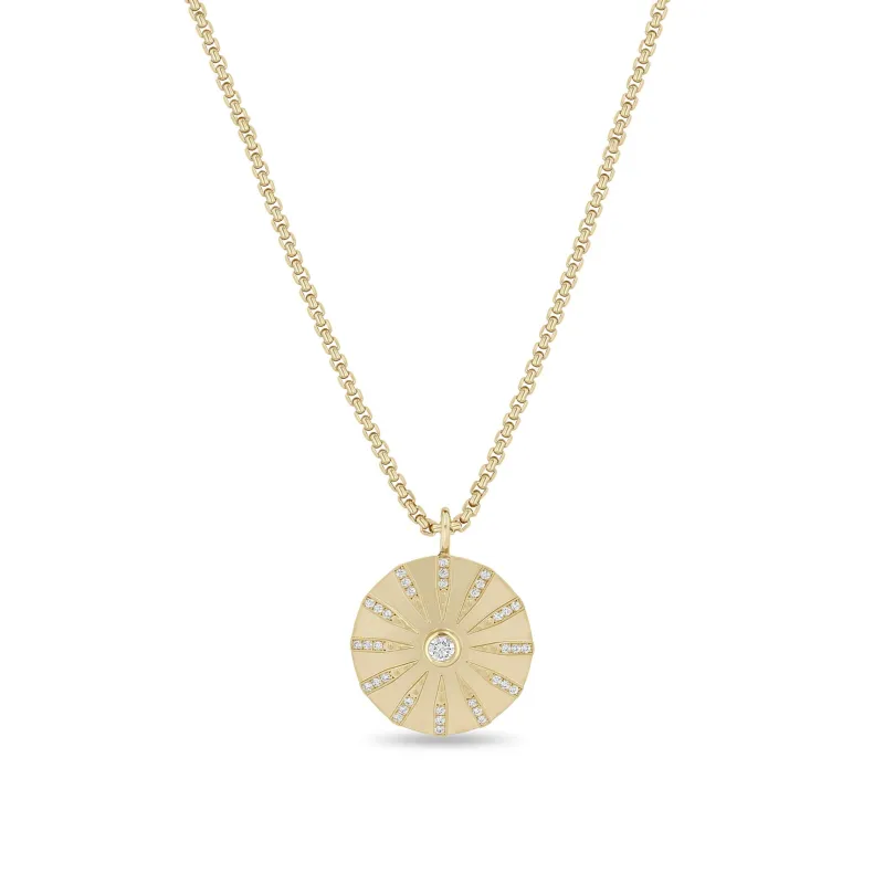 14k Brushed Gold Pavé Diamond Medium Supernova Medallion Box Chain Necklace sold by Zoe Chicco