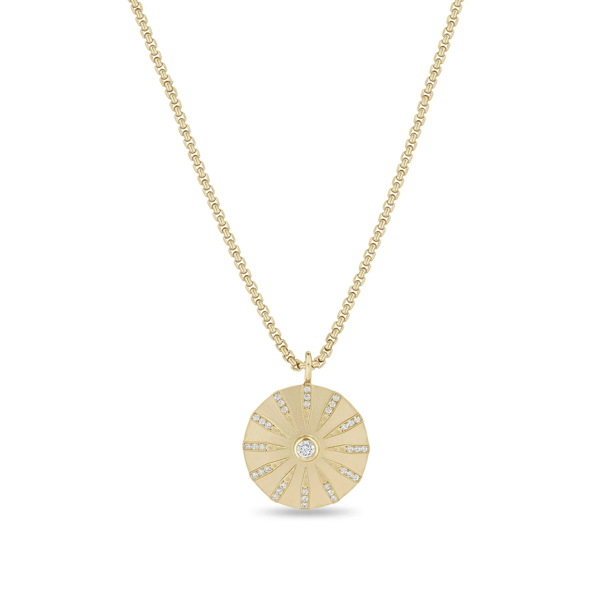 14k Brushed Gold Pavé Diamond Medium Supernova Medallion Box Chain Necklace sold by Zoe Chicco