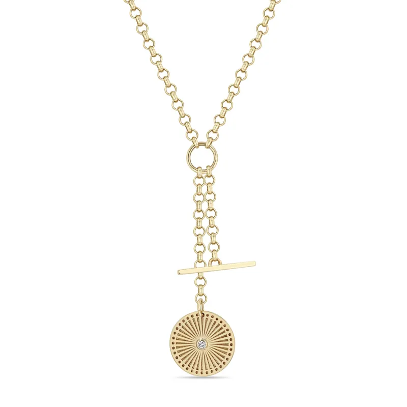 14k Gold Sunbeam Medallion & Toggle Medium Rolo Chain Lariat sold by Zoe Chicco