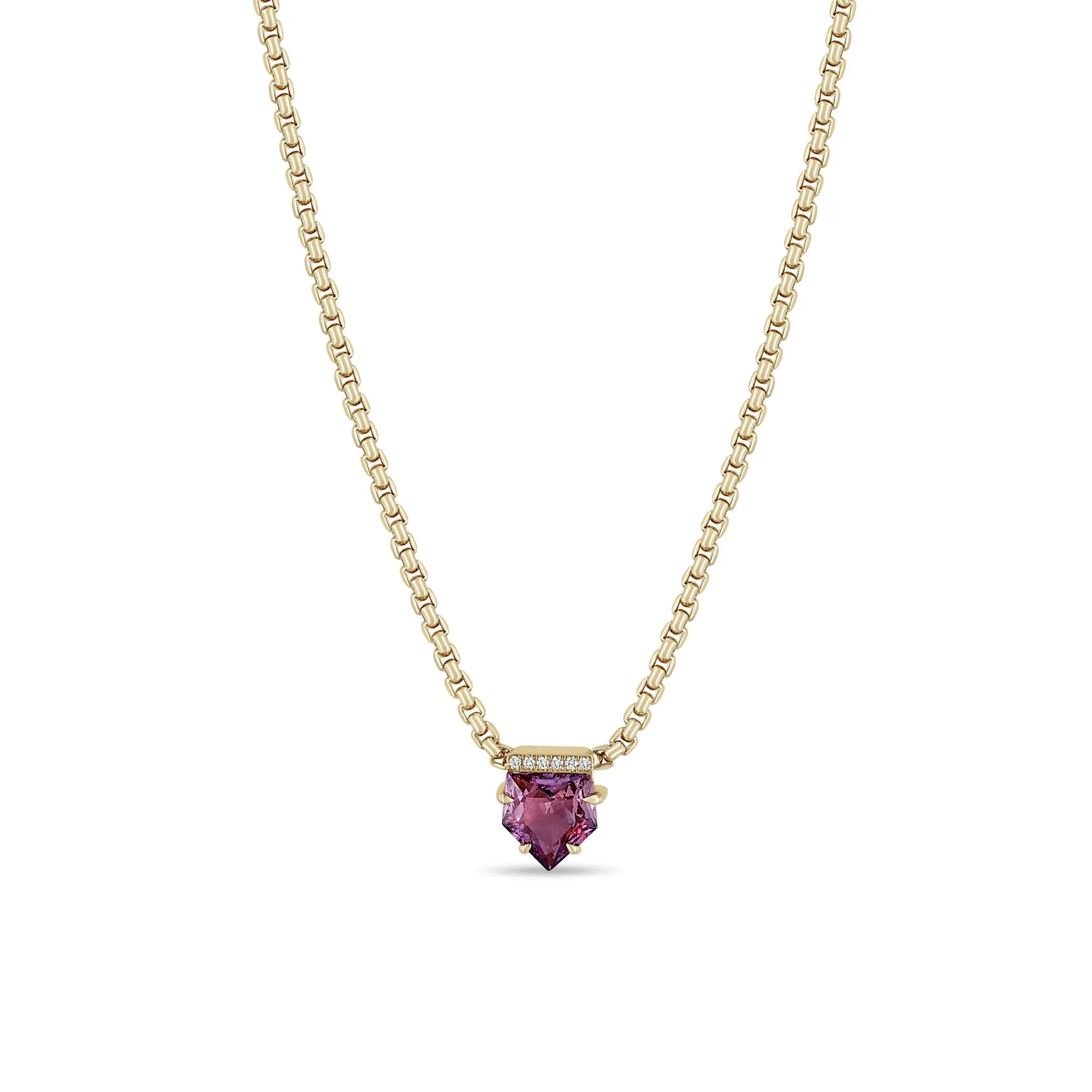 1.29 ctw Shield Pink Sapphire & Pavé Diamond Box Chain Necklace sold by Zoe Chicco