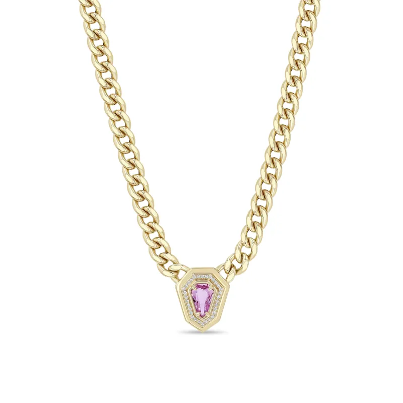 1.08 ctw Shield Pink Sapphire & Pavé Diamond Bezel Curb Chain Necklace sold by Zoe Chicco