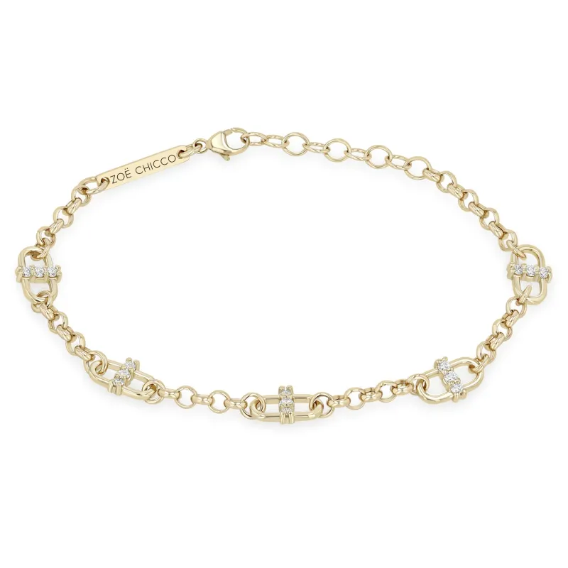 14k Prong Diamond Open Link Station Medium Rolo Chain Bracelet sold by Zoe Chicco