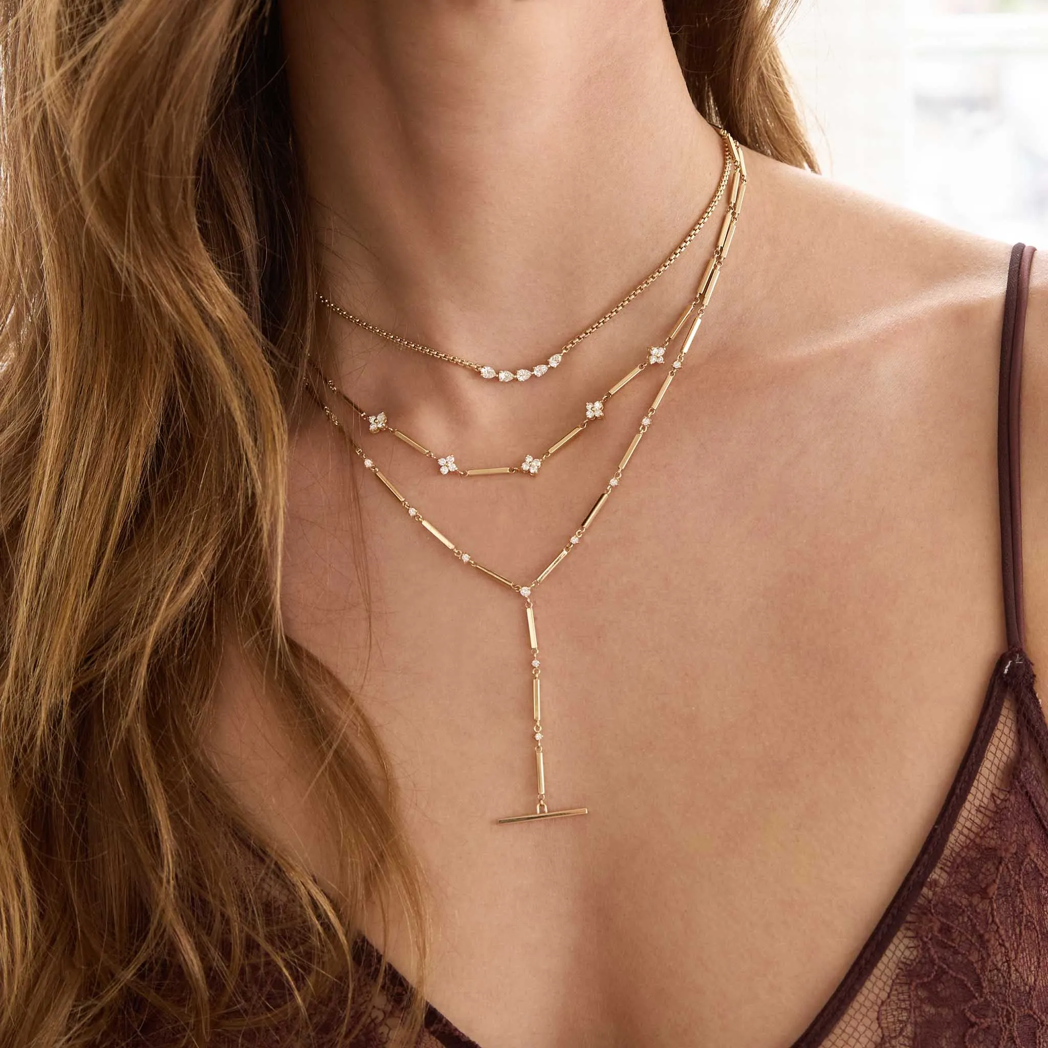 14k Gold Linked Bar & 5 Prong Diamond Quad Necklace sold by Zoe Chicco product image thumbnail 2