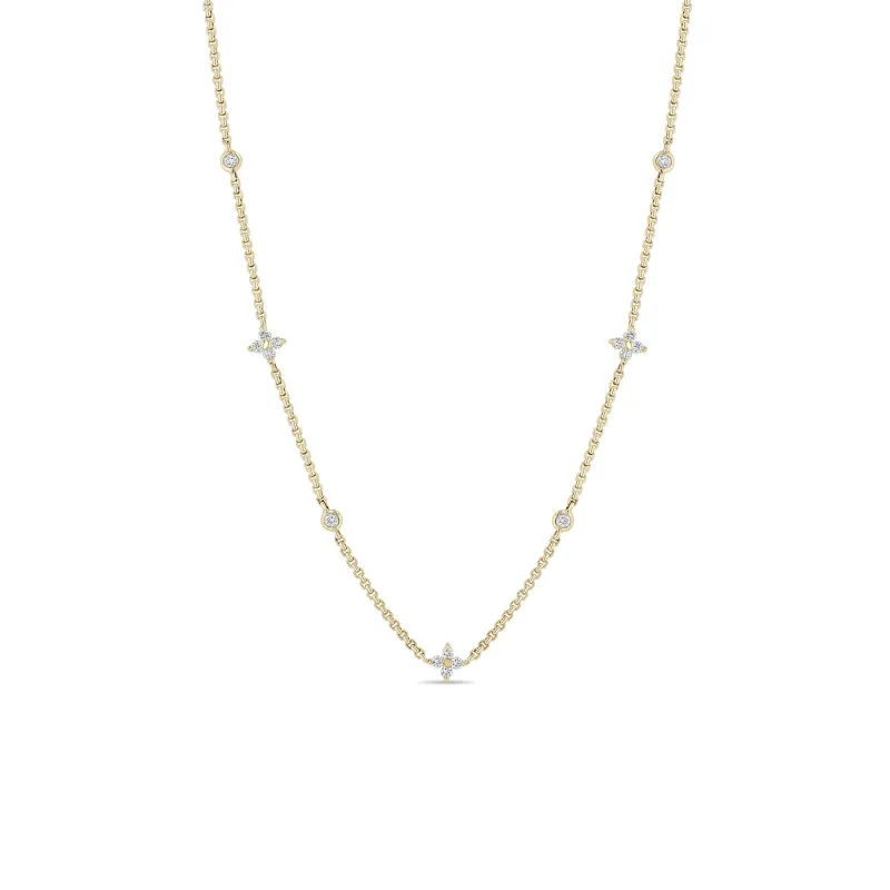 14k Prong Diamond Quad & Floating Diamond Station Extra Small Box Chain Necklace sold by Zoe Chicco