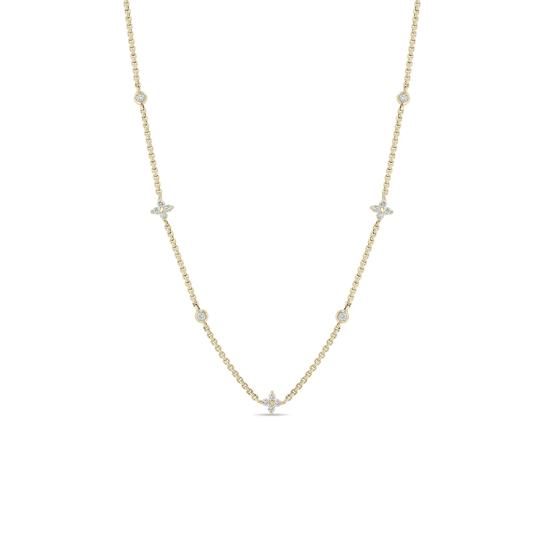14k Prong Diamond Quad & Floating Diamond Station Extra Small Box Chain Necklace sold by Zoe Chicco