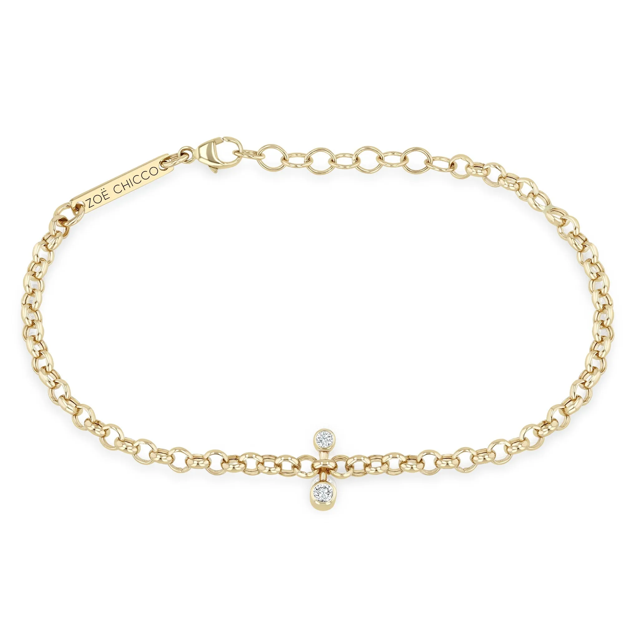 14k Mixed Diamond Bezel Barbell Medium Rolo Chain Bracelet sold by Zoe Chicco