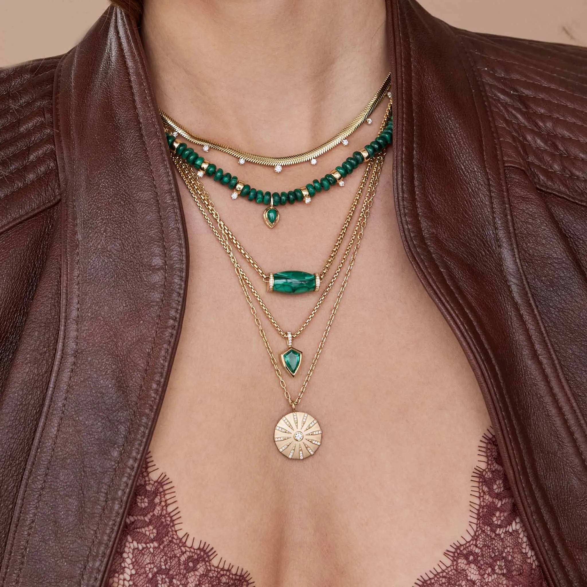 14k Pear Malachite Pendant Rondelle Bead Necklace with 4 Prong Diamonds sold by Zoe Chicco product image thumbnail 2