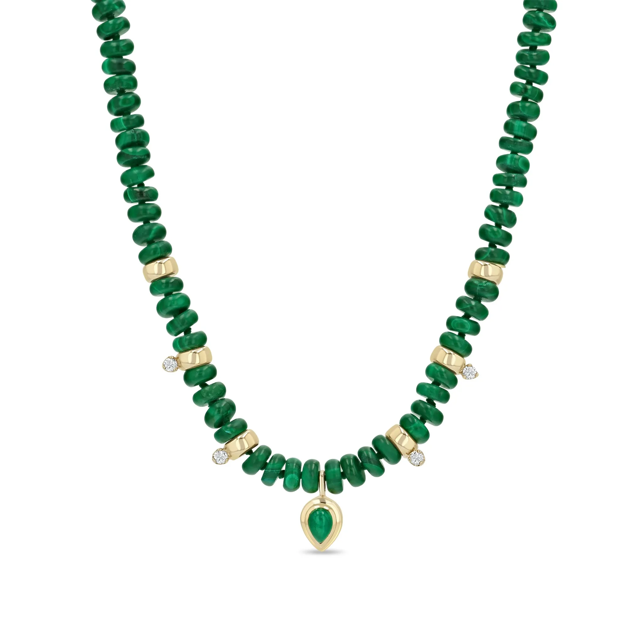14k Pear Malachite Pendant Rondelle Bead Necklace with 4 Prong Diamonds sold by Zoe Chicco