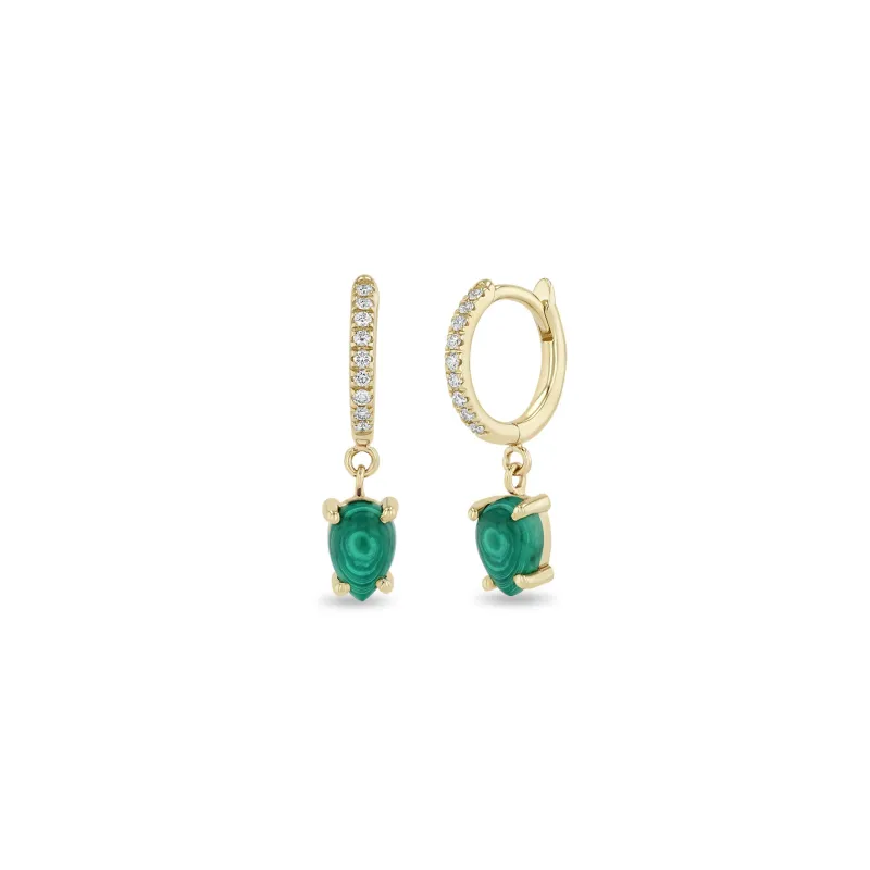 14k Dangling Pear Malachite Small Pavé Diamond Hinge Huggie Hoops sold by Zoe Chicco