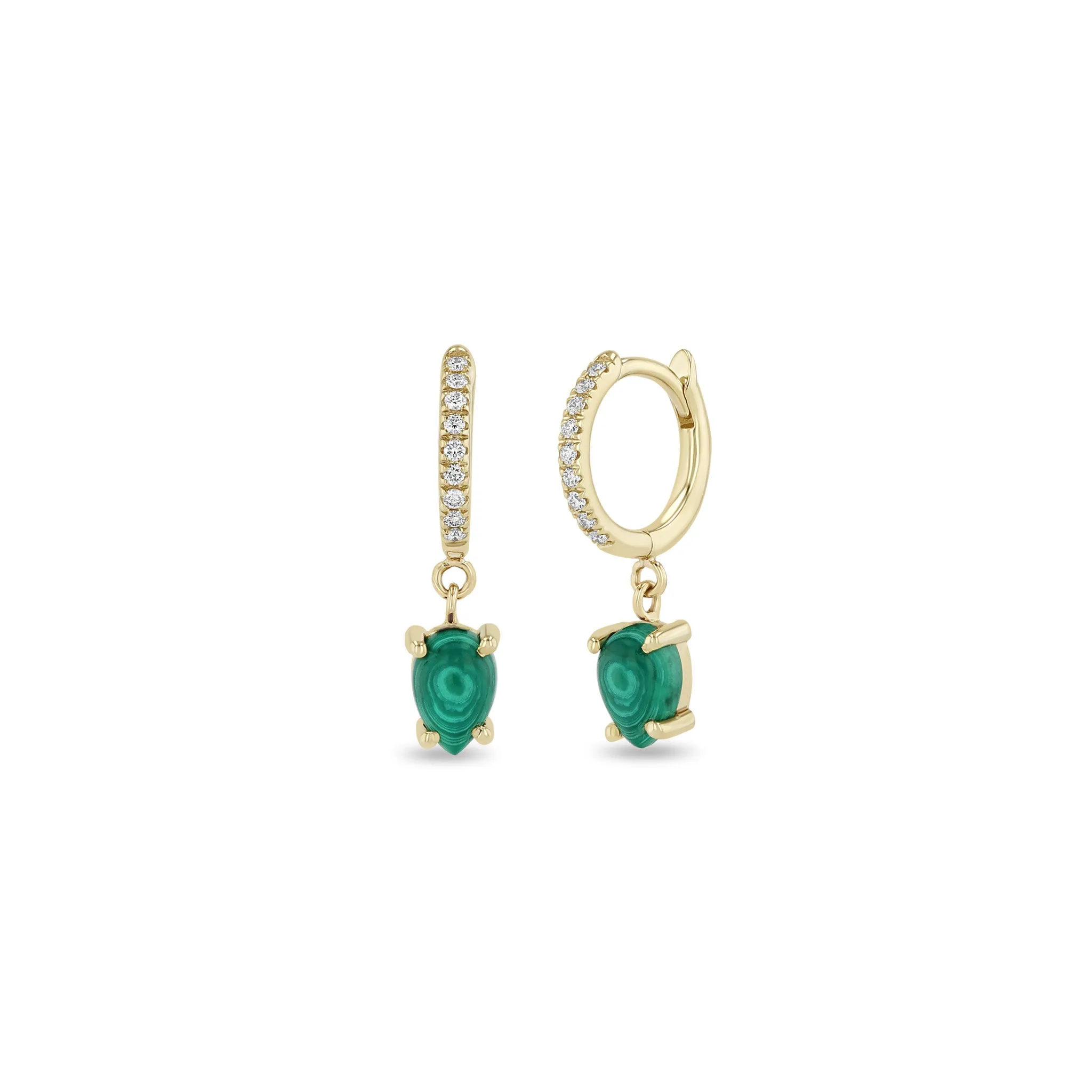 14k Dangling Pear Malachite Small Pavé Diamond Hinge Huggie Hoops sold by Zoe Chicco