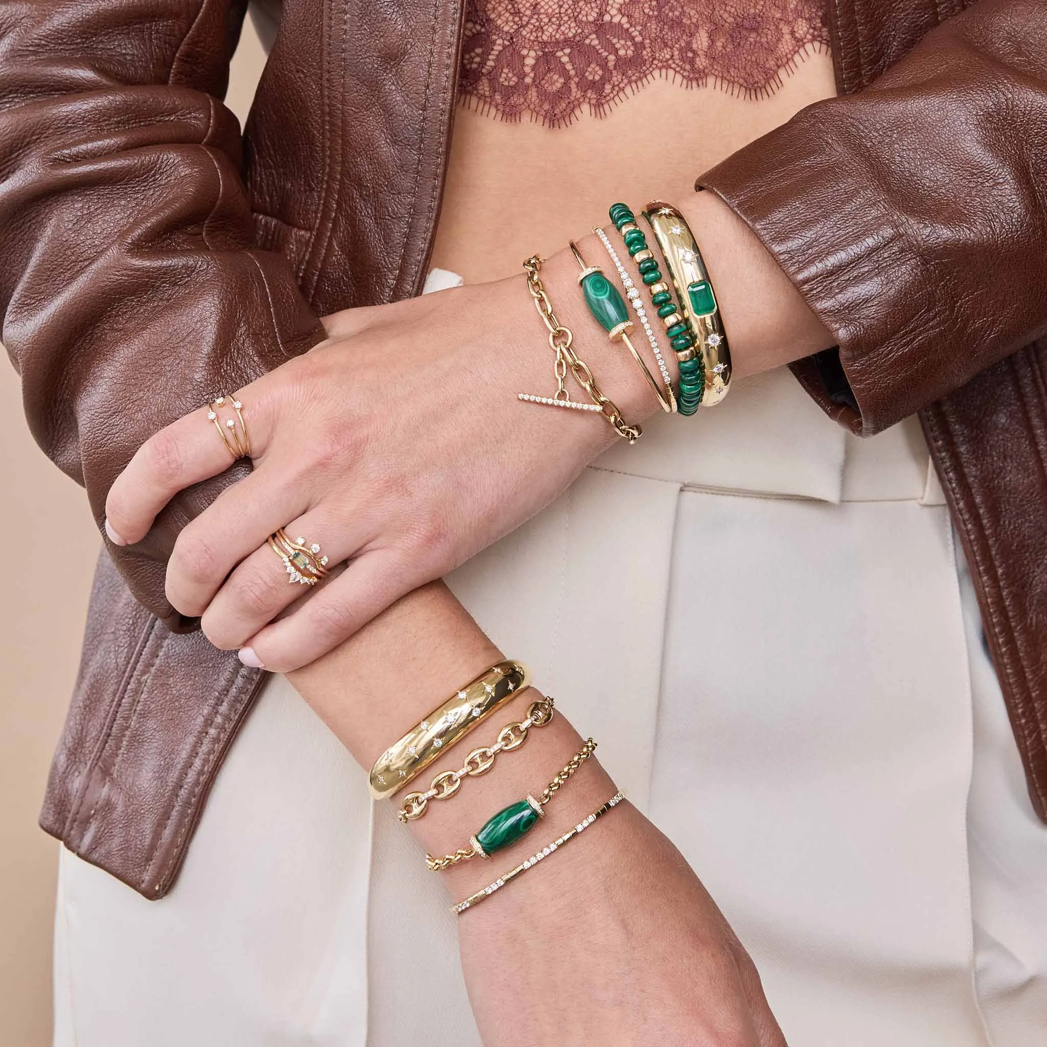14k Diamond Malachite Barrel Bead Cuff sold by Zoe Chicco product image thumbnail 2
