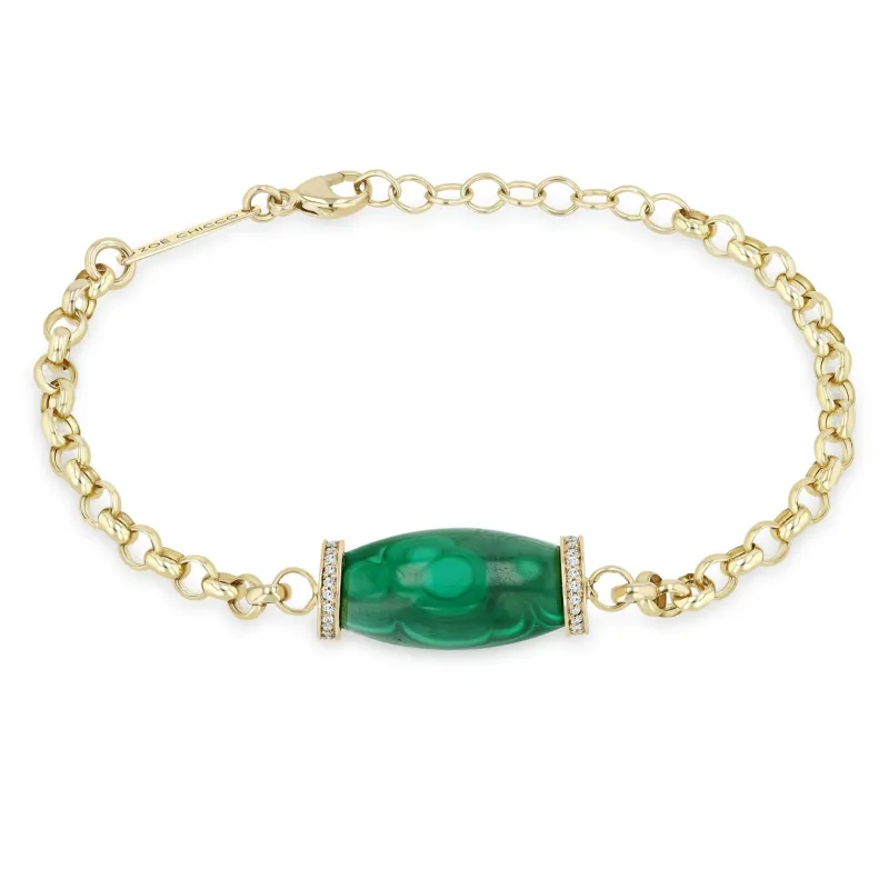 14k Diamond Malachite Barrel Bead Large Rolo Chain Bracelet sold by Zoe Chicco