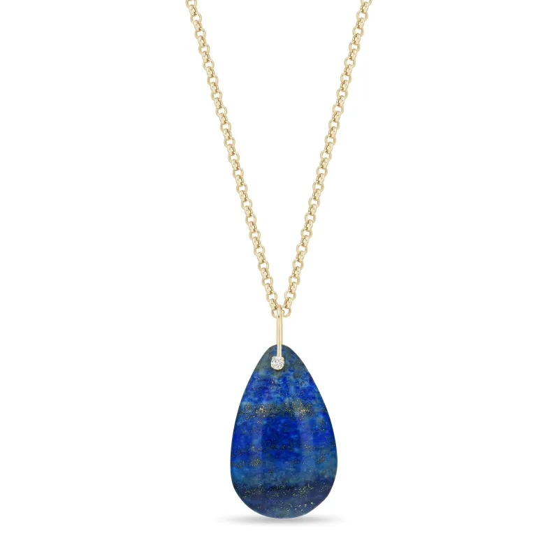 14k Large Lapis Teardrop & Diamond Pendant Small Rolo Chain Necklace made by Zoe Chicco