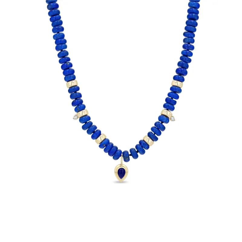 14k Pear Lapis Pendant Rondelle Bead Necklace with 2 Prong Diamonds sold by Zoe Chicco