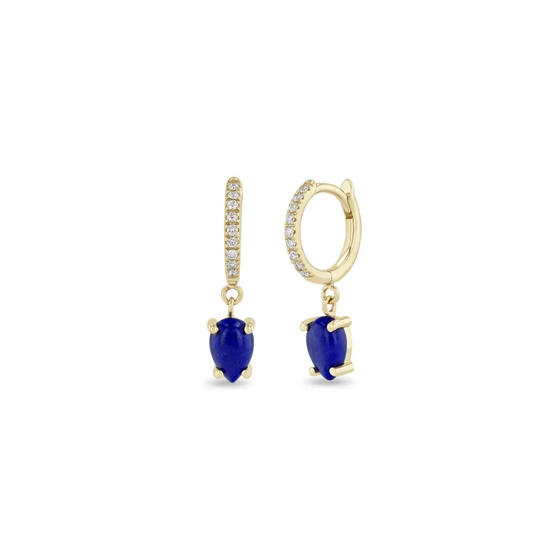 14k Dangling Pear Lapis Small Pavé Diamond Hinge Huggie Hoops sold by Zoe Chicco