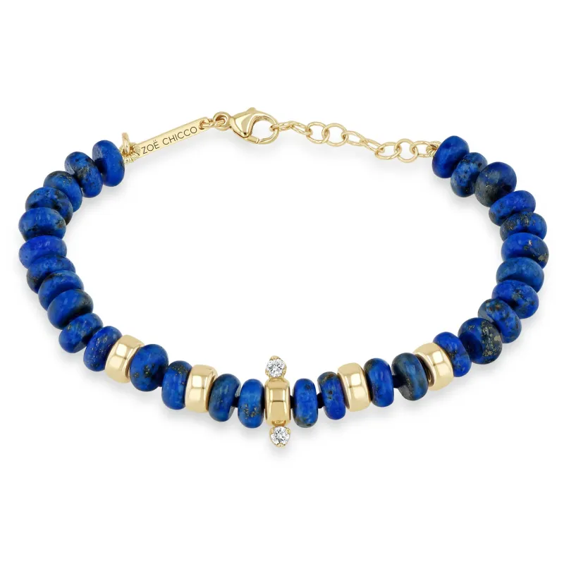14k Gold & Lapis Rondelle Bead Bracelet with 2 Prong Diamonds sold by Zoe Chicco