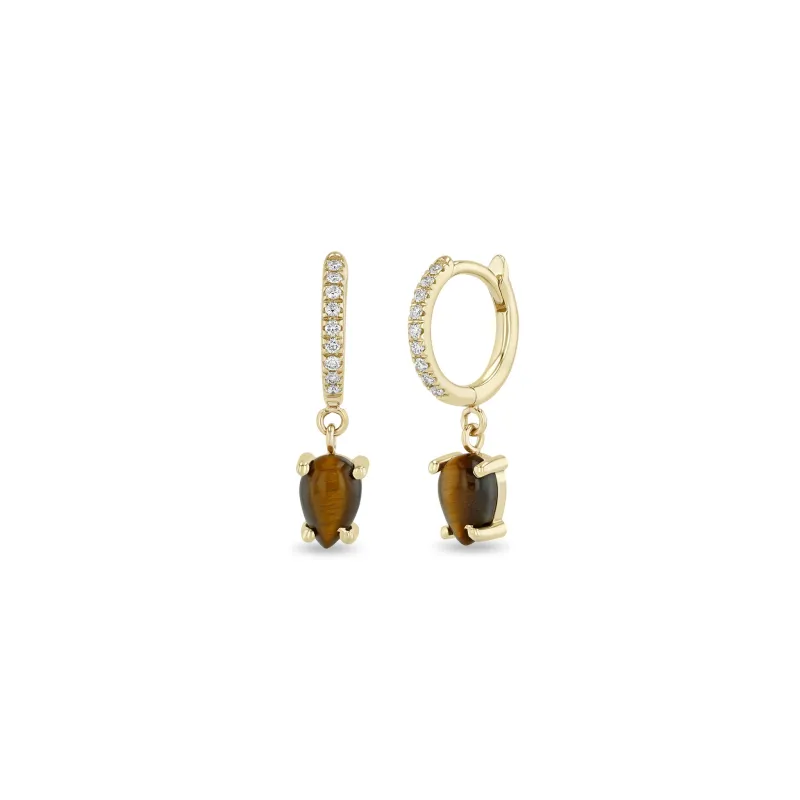 14k Dangling Pear Tiger Eye Small Pavé Diamond Hinge Huggie Hoops sold by Zoe Chicco