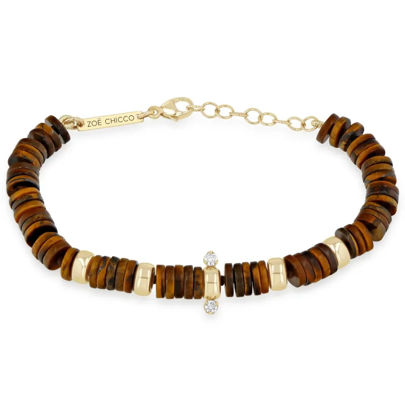 14k Gold & Tiger Eye Heishi Bead Bracelet with 2 Prong Diamonds sold by Zoe Chicco