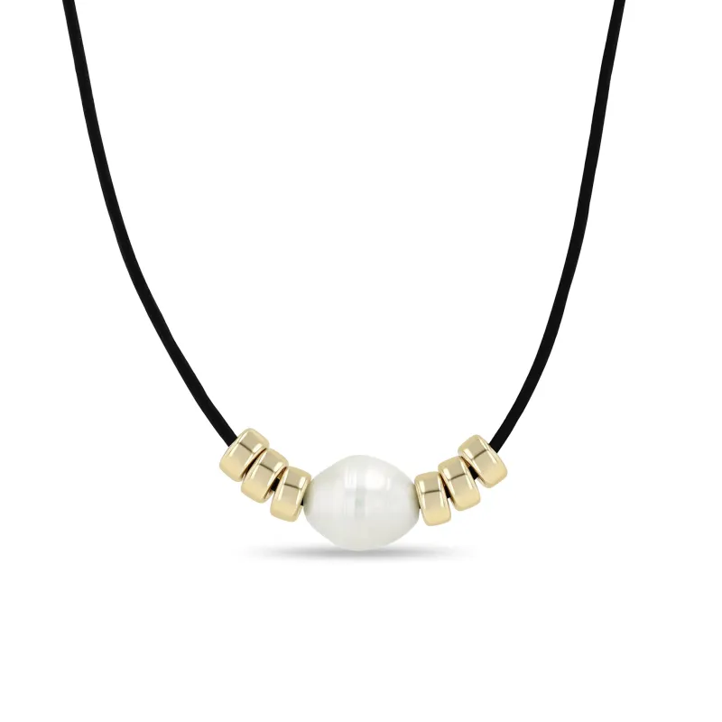 14k Baroque Pearl & Rondelle Bead Leather Cord Necklace sold by Zoe Chicco