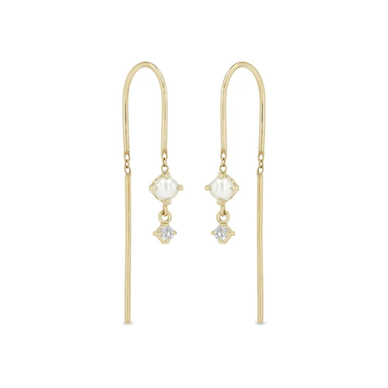 14k Dangling Pearl & Diamond U Wire Threader Earrings sold by Zoe Chicco