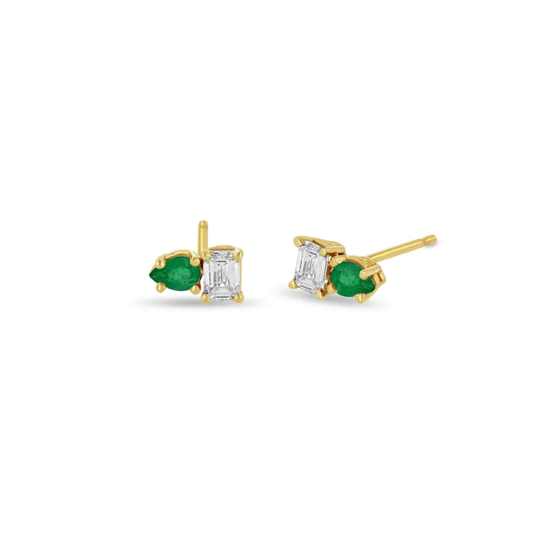 14k Pear Emerald & Emerald Cut Diamond Studs sold by Zoe Chicco