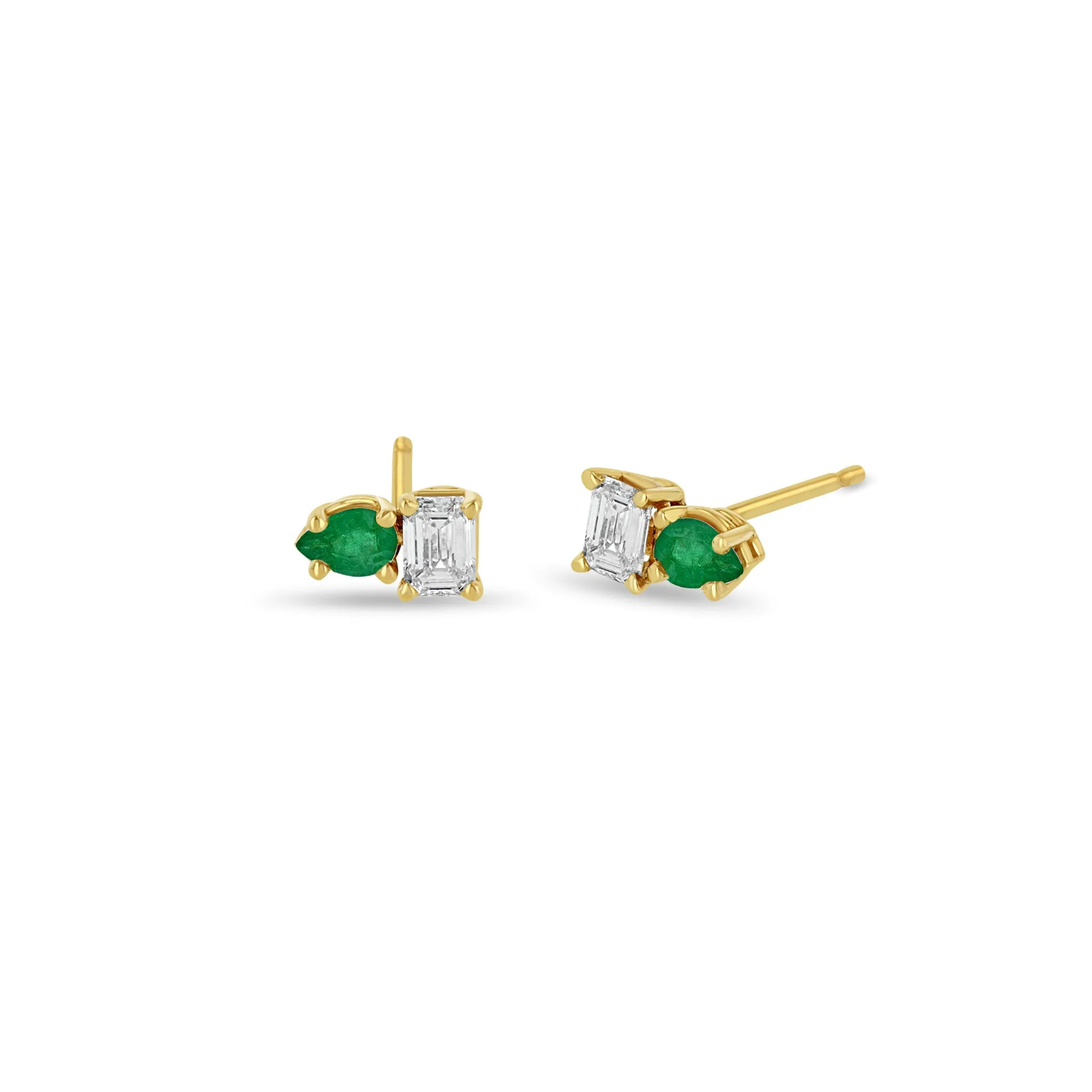 14k Pear Emerald & Emerald Cut Diamond Studs sold by Zoe Chicco