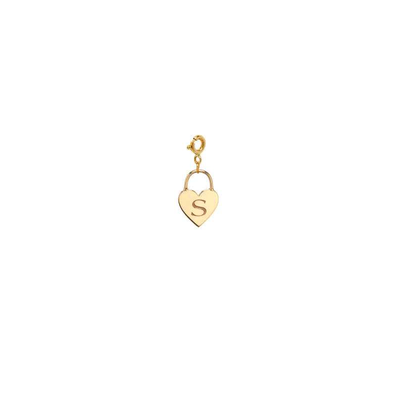 14k Engraved Initial Heart Padlock Spring Ring Charm Pendant - SALE sold by Zoe Chicco