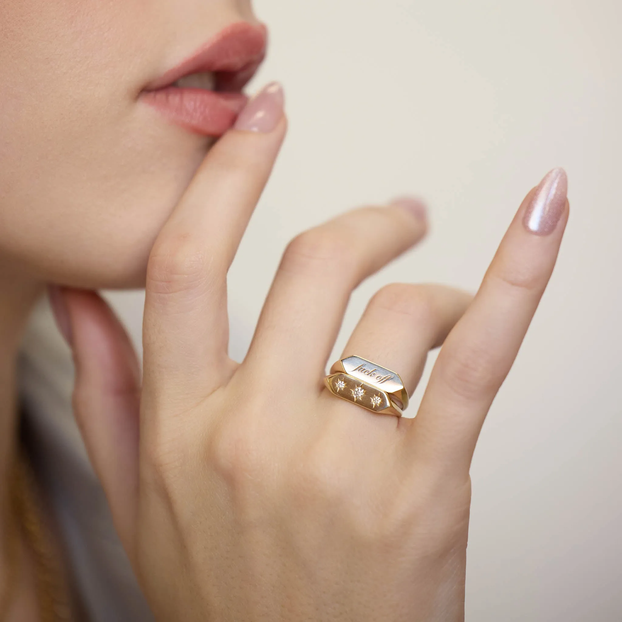 14k "fuck off" Elongated Hexagon Signet Ring sold by Zoe Chicco product image thumbnail 3