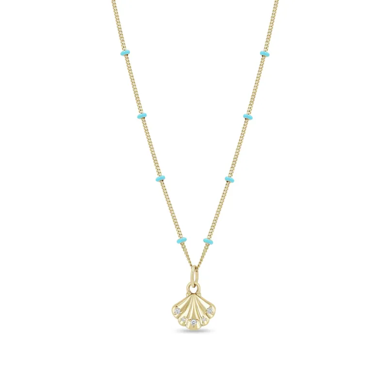14k Gold & Diamond Seashell Turquoise Enamel Satellite Chain Necklace sold by Zoe Chicco