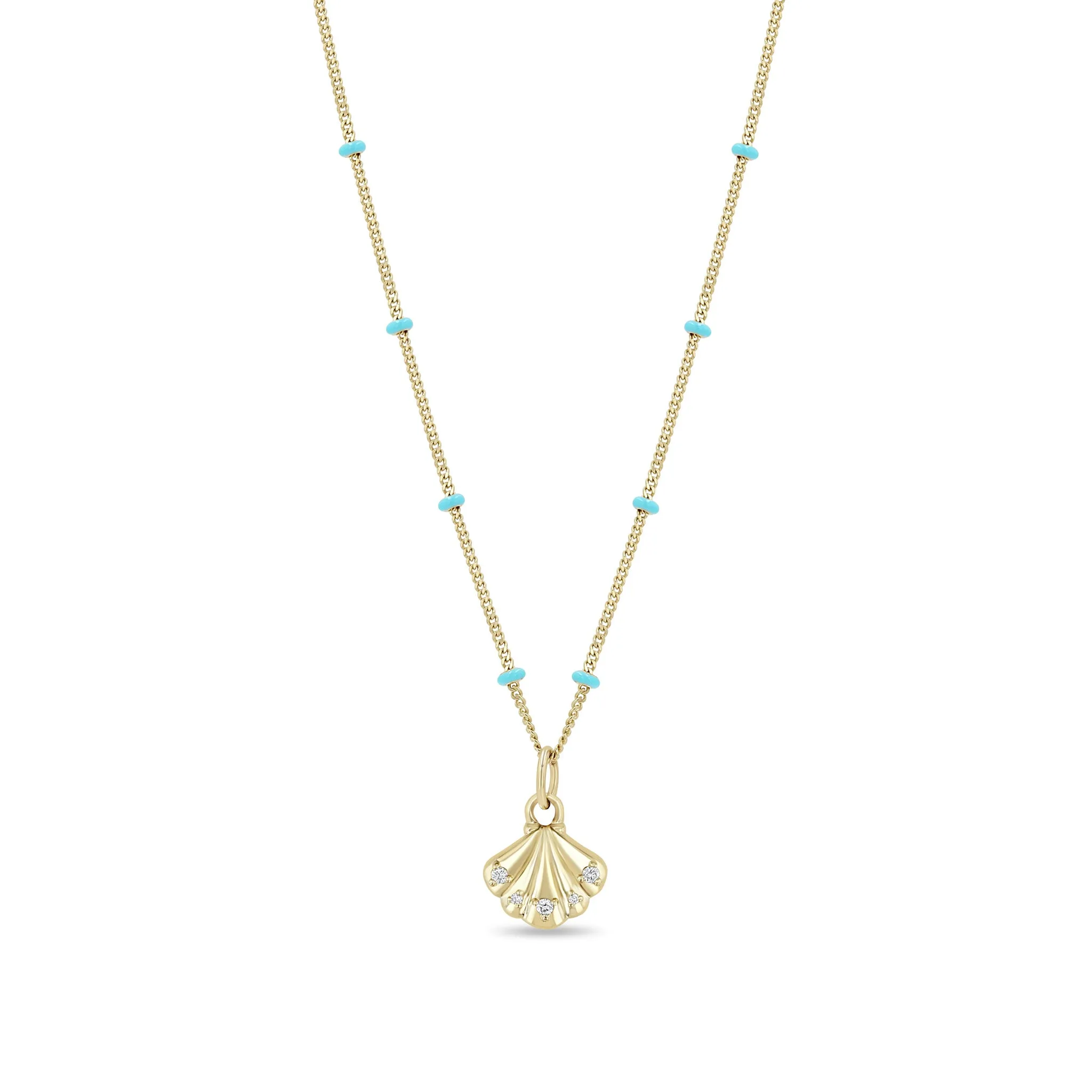 14k Gold & Diamond Seashell Turquoise Enamel Satellite Chain Necklace sold by Zoe Chicco