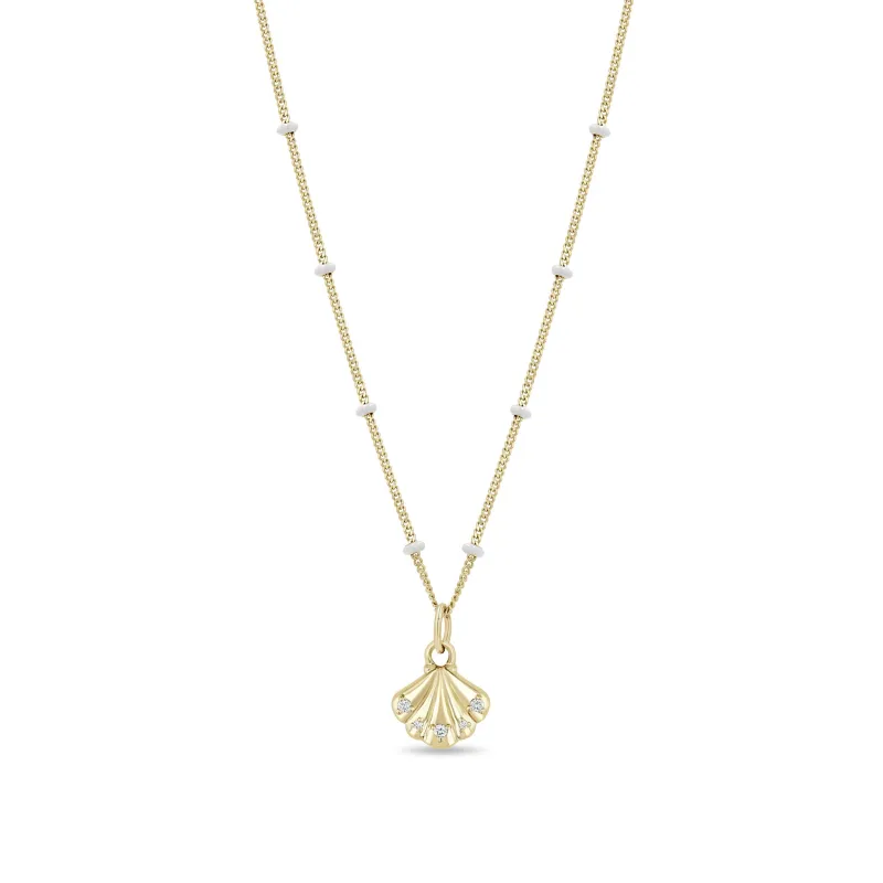 14k Gold & Diamond Seashell White Enamel Satellite Chain Necklace sold by Zoe Chicco