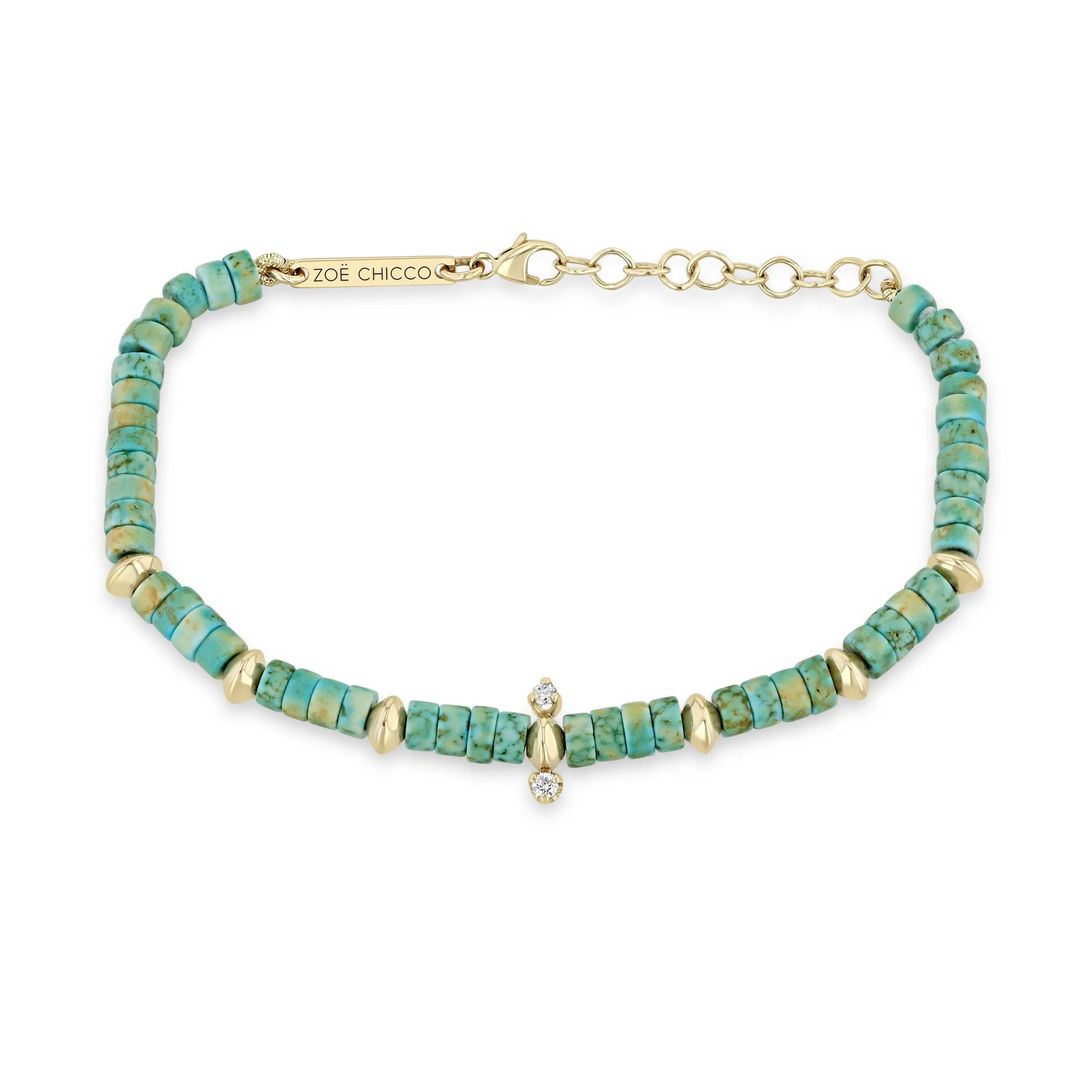 14k Gold & Light Turquoise Heishi Bead Bracelet with 2 Prong Diamonds sold by Zoe Chicco
